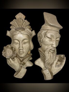 Vintage 1958 Universal Statuary Asian Man Woman Wall Plaques Large Chalkware MCM